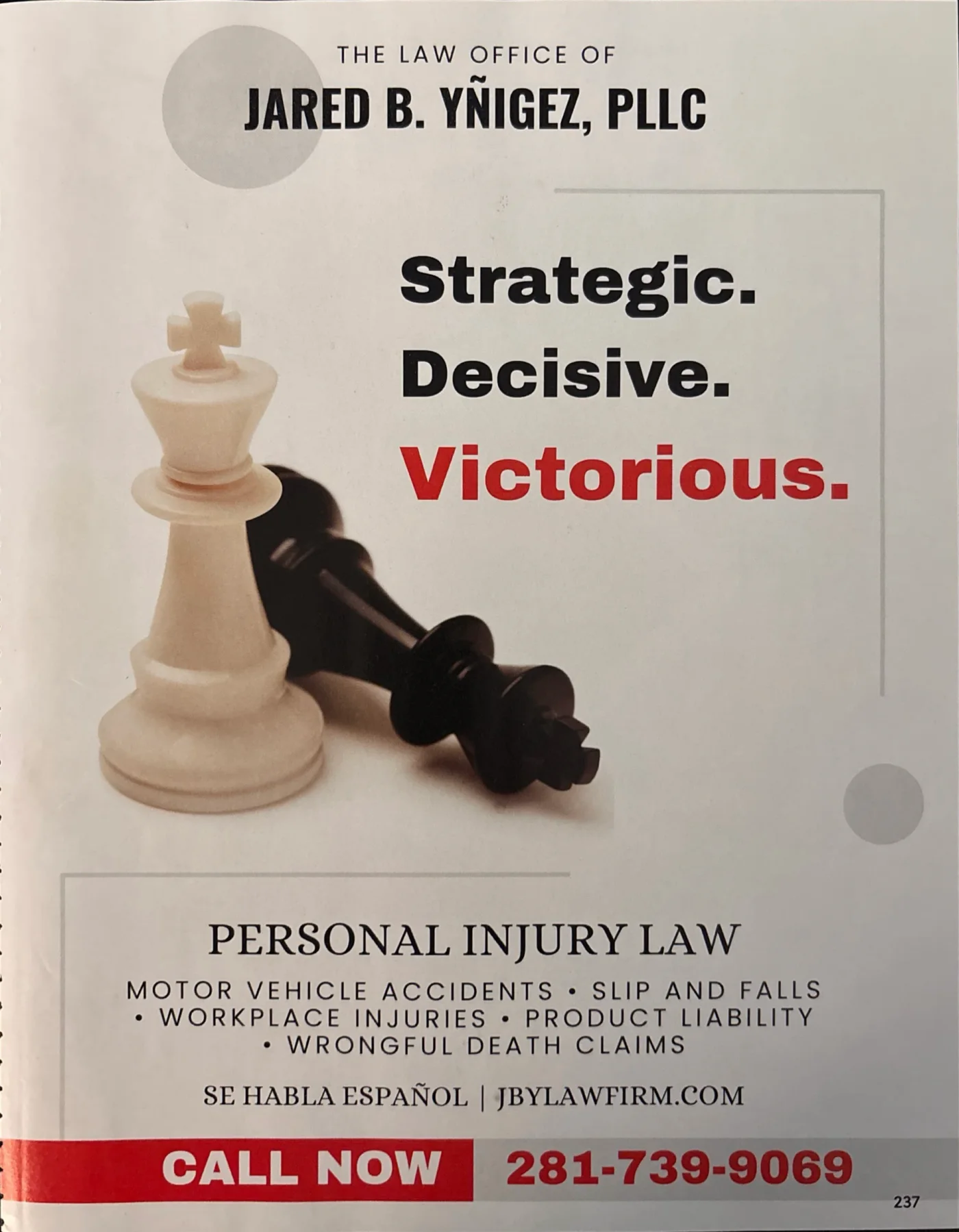Published full-page advertisement for the Law Office of Jared B. Yñiguez