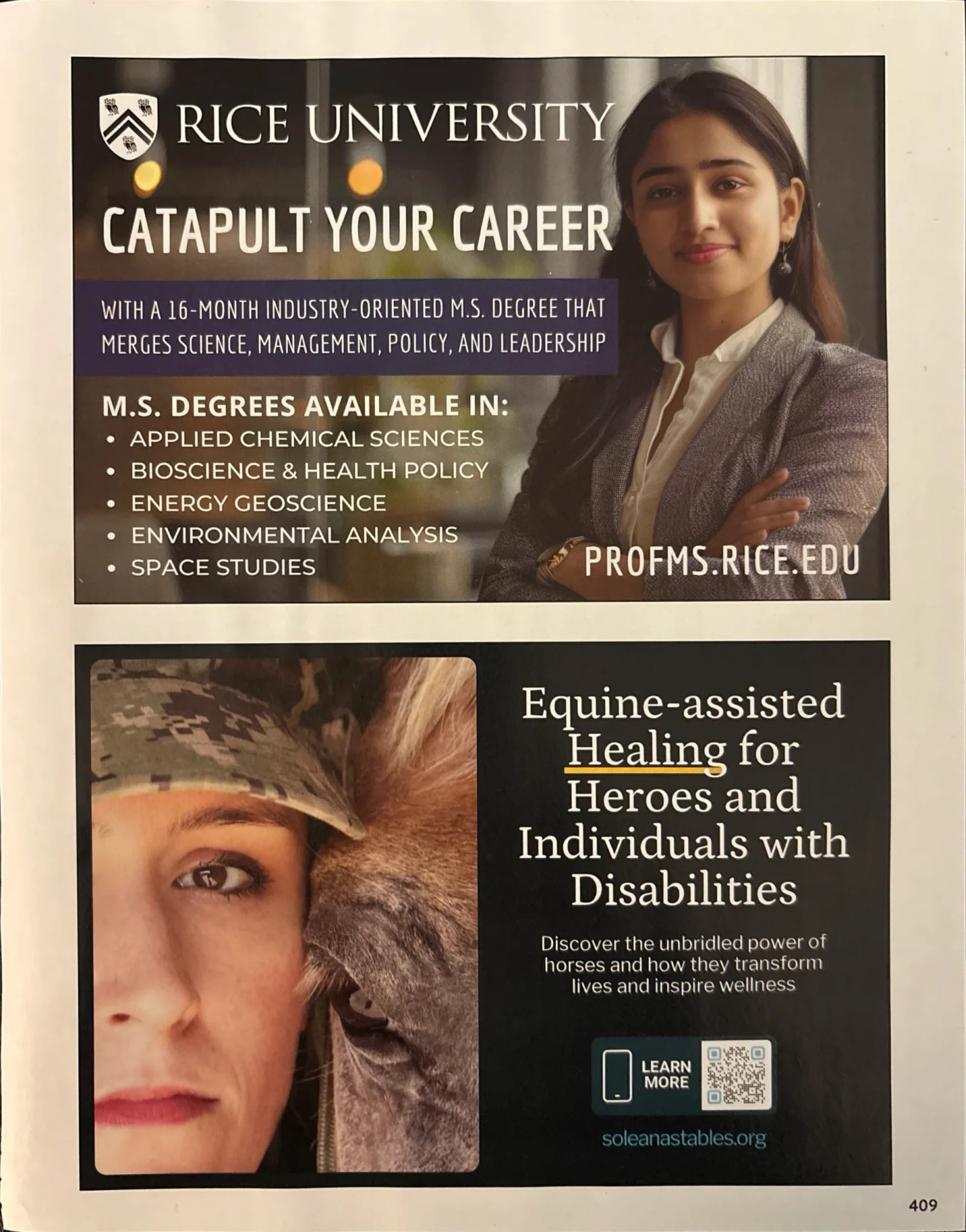 Published half-page advertisements for Rice University and Soleana Stables