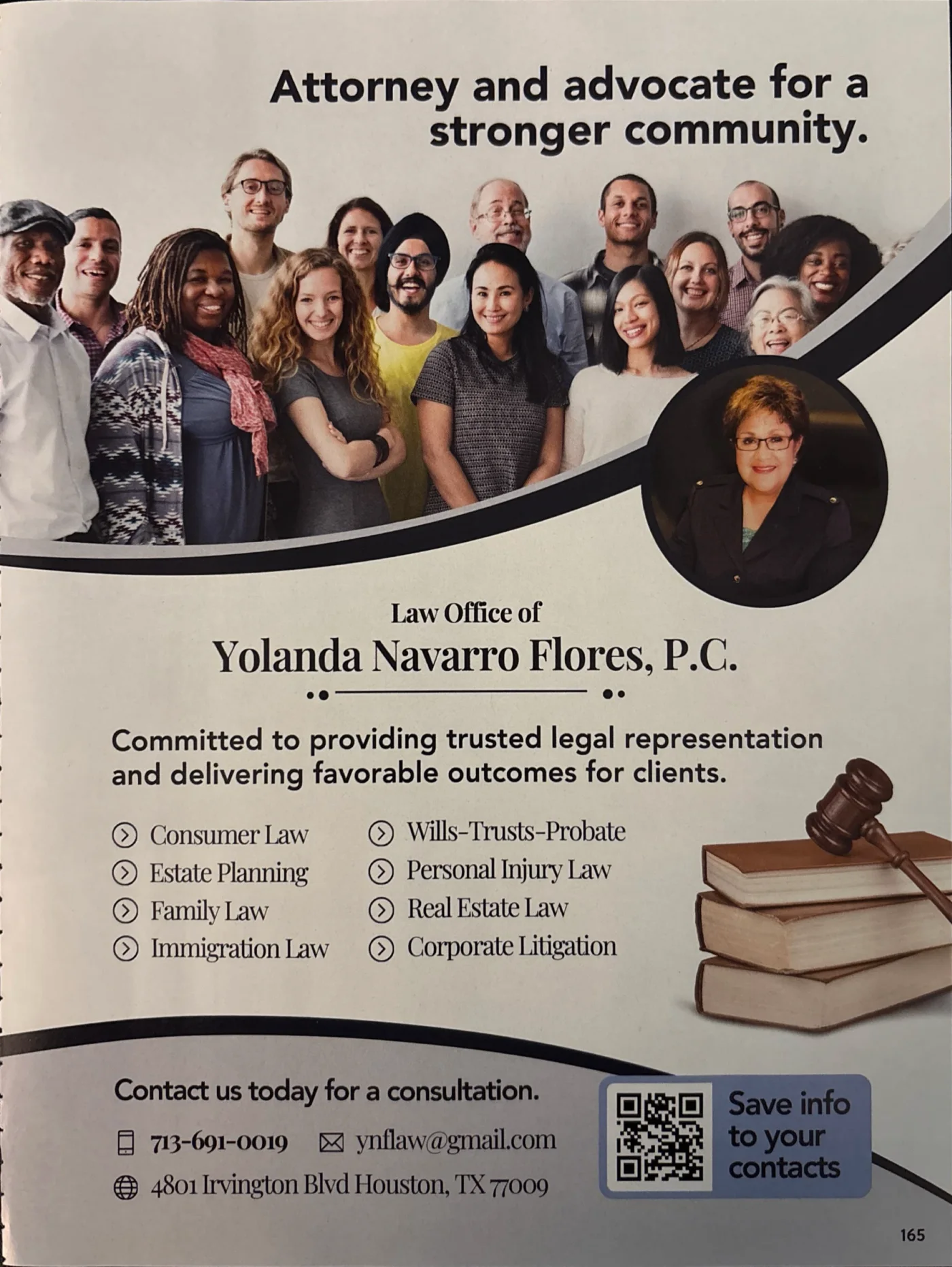 Published full-page advertisement for the Law Office of Yolanda Navarro Flores